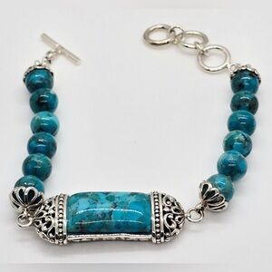 Genuine Blue Turquoise Beaded Bracelet In Sterling Silver. Filigree Surround.